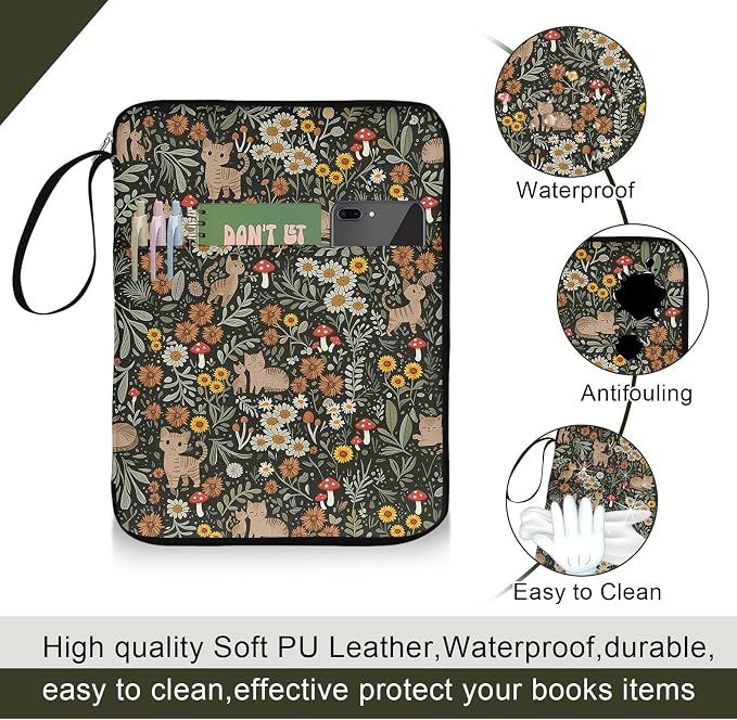 Cat Floral Book Sleeve Book Pouch, Cute Cat Floral Print Book Protector Case with Zipper, PU Leather Waterproof Book Cover Bag, Portable Book Pouch for Book Lovers Gifts Paperbacks Hardcover