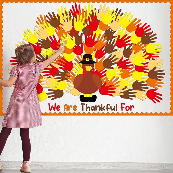 Zhanmai 118 Pcs Thanksgiving Turkey Bulletin Board Set Thankful Handprint Turkey Bulletin Board Decor Handprint Turkey Cutouts Turkey Craft for Classroom Fall Thanksgiving Wall Decor