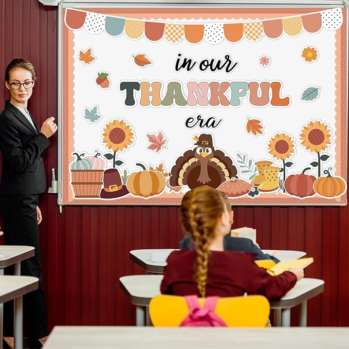 Thanksgiving Turkey Bulletin Board Set in Our Thankful Era Classroom Bulletin Board Decoration Fall Turkey Pumpkin Maple Leaves Paper Cutout for Classroom School Home Chalkboard Wall Decor