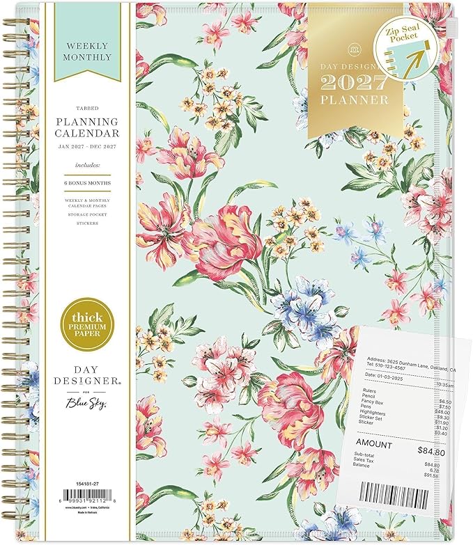 Blue Sky Day Designer 2027 Weekly and Monthly Planner Calendar, January 2027 - December 2027, 8.5" x 11", Flexible Cover With Zip Pouch, Durable Twin Wire Binding, Includes Stickers, Tulip Garden Mint