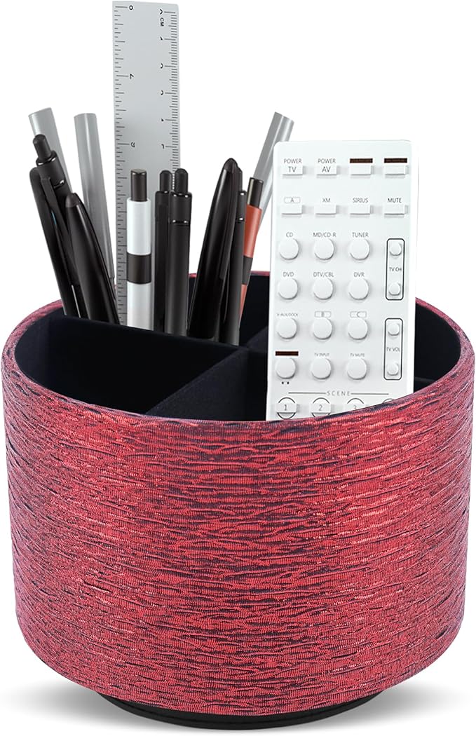 Round Leather Art Supply Organizer,Remote Control Holder,360-degree Rotating Pen Organizer with 4 Compartments(1-Light Tree Red)