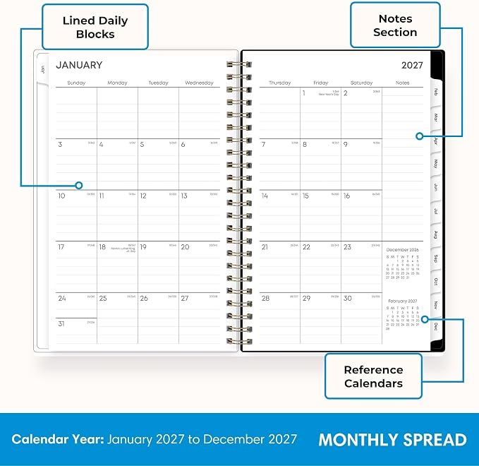 Blue Sky 2027 Weekly and Monthly Planner Calendar, January 2027 - December 2027, 5" x 8", Clear Pocket Cover, Laminated Tabs, Durable Twin Wire Binding, Baccara Dark