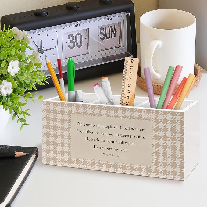 Christian Bible Verse Pen Holder, Christian Office Pen Pencil Holder Organizer for Desk Accessories, Religious Scripture Gingham Wooden Box Desk Decor for Home Office Desk Decorations