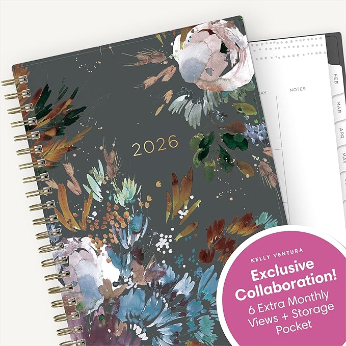 Blue Sky Kelly Ventura 2026 Weekly and Monthly Planner Calendar, January 2026 - December 2026, 5" x 8", Flexible Cover, Laminated Tabs, Durable Twin Wire Binding, Storage Pocket, Midnight Garden