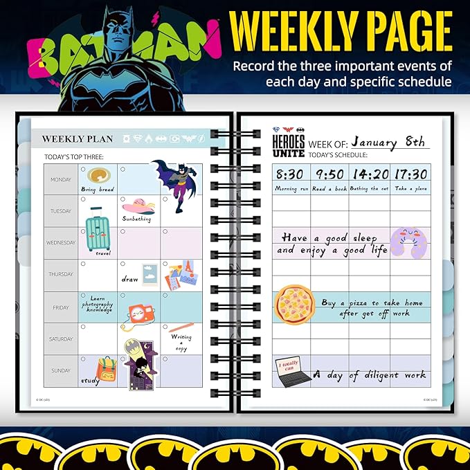 2026 Batman Planner Hardcover, Superhero Weekly and Monthly Planner with Notes Pages and 12 Dividers Tabs, Spiral Calendar Notebook Academic Journal for Work School Adults Teens (Plan A)