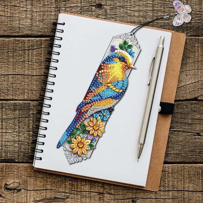 ARTopet 4Pcs DIY Diamond Art Painting Bookmarks with Colorful Butterfly Pendant PET Bookmark Ornament Double Sided Pattern Single Sided Diamond Book Marker Clip Gifts Tags-Bird