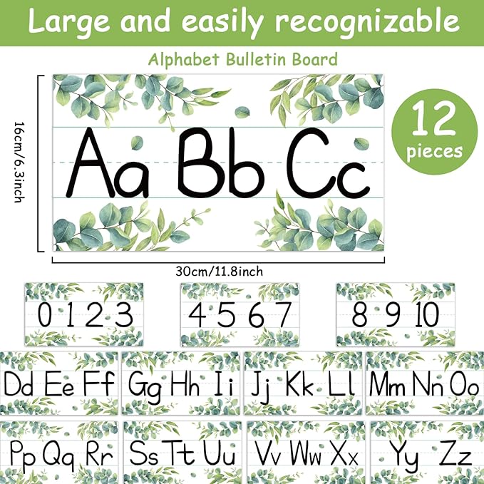 12 Pieces Alphabet Bulletin Board Strips Set Greenery Alphabet Line ABC Alphabets Banner & Number Border Posters for Preschool Kindergarten Classroom Bedroom Playroom (Eucalyptus)