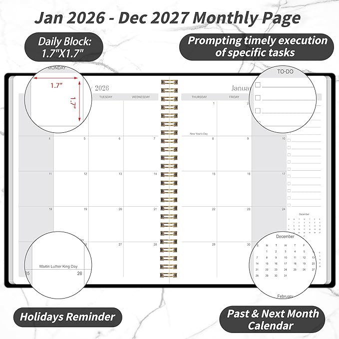 2026-2027 Monthly Planner - 2 Year Monthly Planner 2026-2027, Hard Cardboard Cover, Jan 2026 - Dec 2027, 7.5" x 10", 2 Year Calendar with 24 Month, Twin-wire Binding, Note Pages