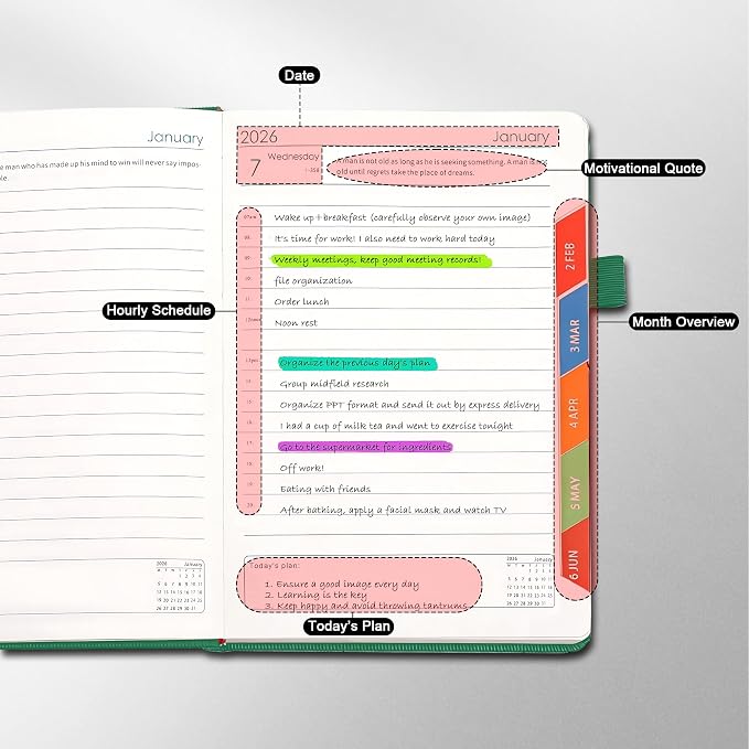 2026 Weekly Monthly Planner A5,Jan-Dec 2026 Hardcover Lay Flat Calendar Notebook, Teacher Office School Academic Organizer Planner 5.7×8.3 Inch,Dark Green