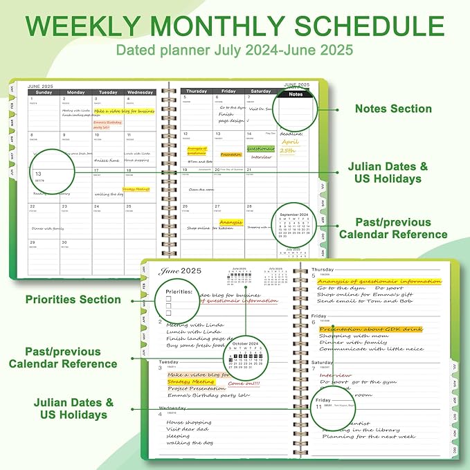 Ymumuda 2025 Planner Weekly Monthly, JAN.2025 to DEC.2025, 12 Months, 8.5" X 11", 2025 Large Monthly Calendar Planner with Spiral Bound, Excellent for School Office Supplies, Yellow Green