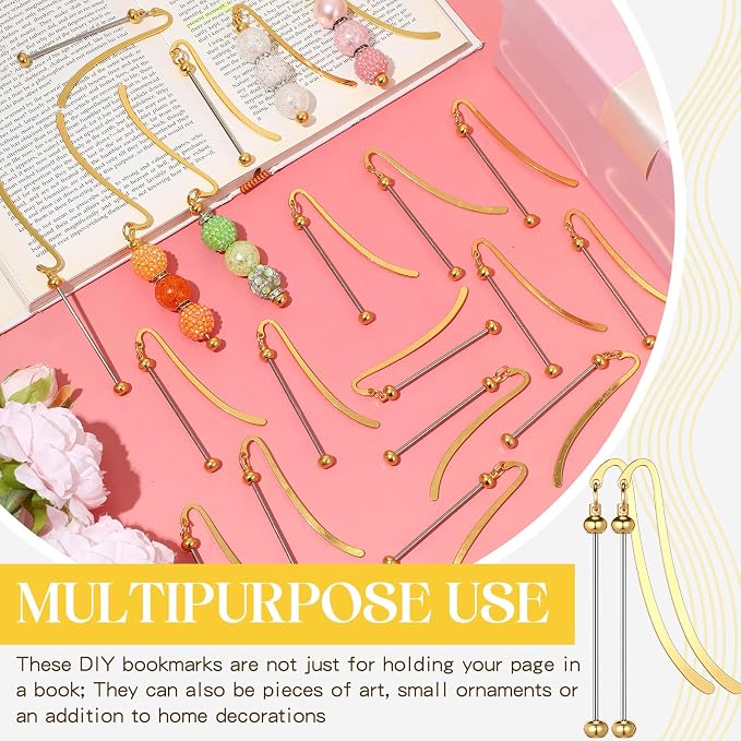 Dunzoom 20 Pcs Beadable Bookmarks DIY Metal Blank Bar Bookmark for Beads Modern Bead Craft Jewelry Pendant Charm Gift for Book Lovers Student Teacher Office Supplies (Gold)