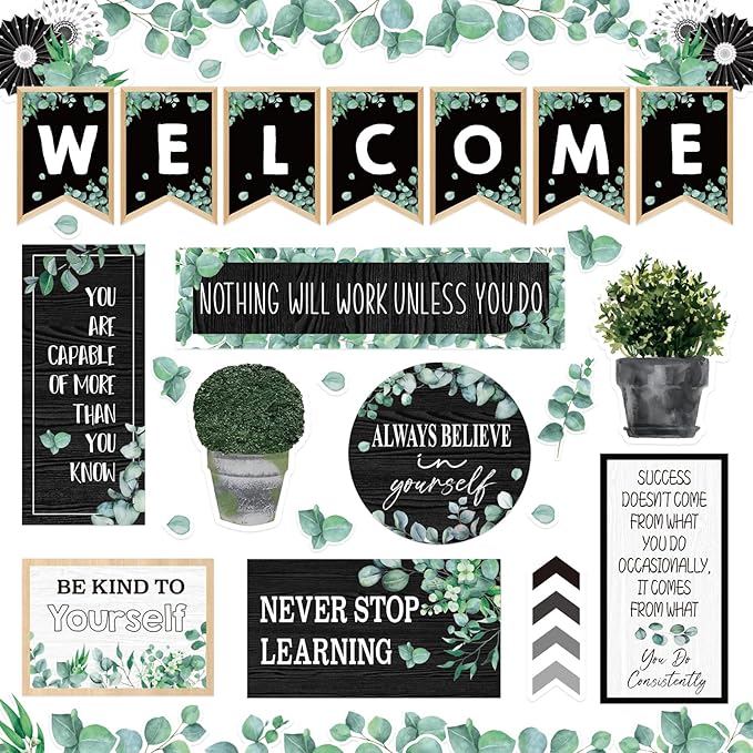 FYSUIMU 47Pcs Modern Farmhouse Inspirational Bulletin Board Welcome Banner Eucalyptus Greenery Paper Cutouts with 100Pcs Glue Points for Back to School Party Classroom Craft Wall Decor