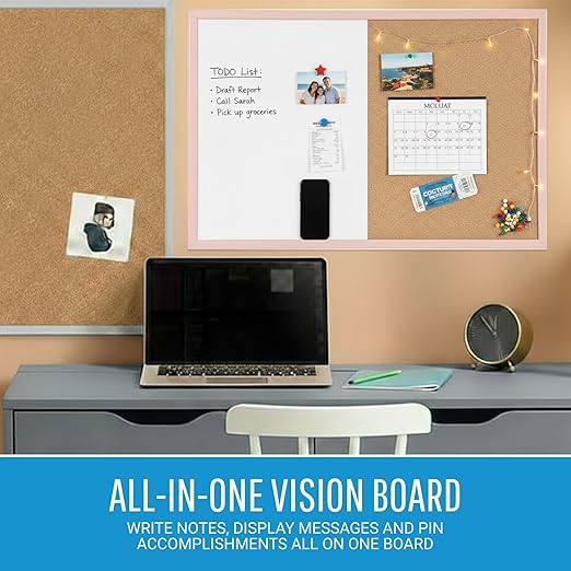 MasterVision Pastel Combo Bulletin and Dry Erase Board, 36" x 24", Salmon Pink Frame, Decorative Magnetic Whiteboard and Cork Board, Wall Décor for Home, Office, Dorm, or Classroom