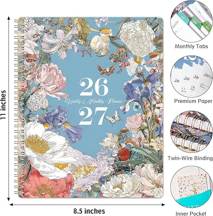 Planner 2026-2027 - Academic Planner, July 2026 - June 2027, 2026-2027 Planners Weekly and Monthly, 8.5" x 11", Colorful Monthly Tabs, Storage Pocket, Spiral Bound for School Office Home - Floral