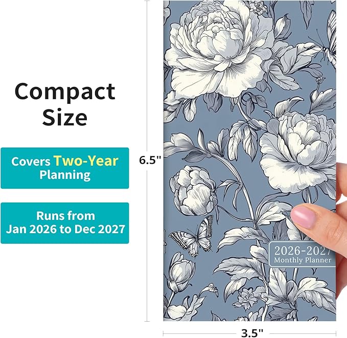Pocket Calendar 2026-2027 for Purse, Two Year Monthly Planner Pocket Size 6.5" x 3.5", Jan 2026 - Dec 2027 Monthly Planner Small Calendar for School, Work and Home - Butterfly Peony