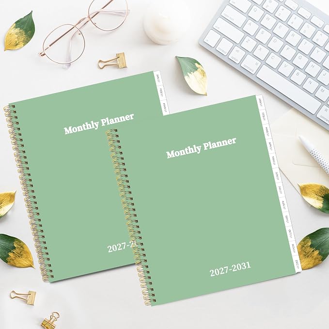 2027-2031 Monthly Planner 5 Year Monthly Planner/Calendar 2027-2031, Jan 2027 – Dec 2031, 9" x 11", Tabs, Double-Side Pocket, Holidays, Thick Paper - Green