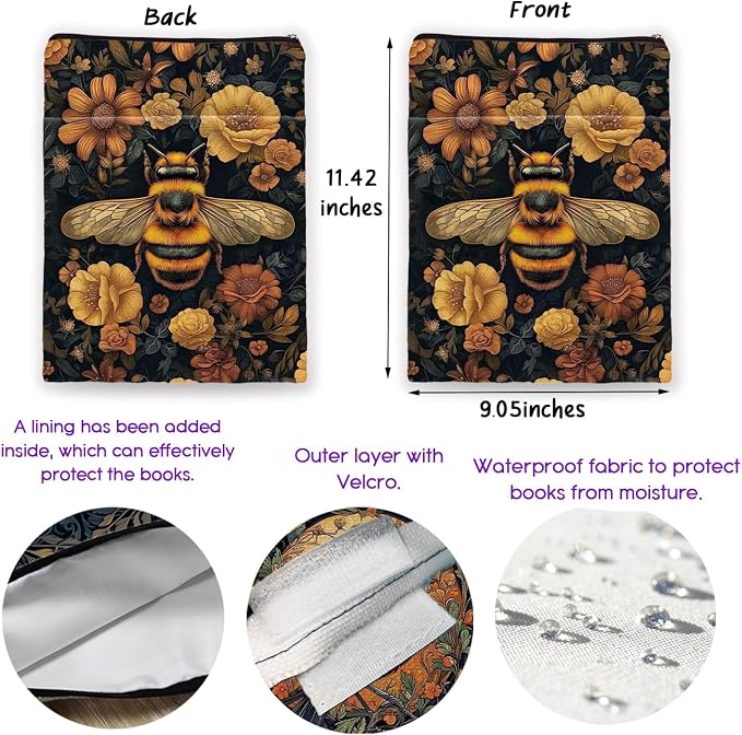 Vintage Flower Bee William Morris Book Sleeve for Book Lovers, Bookish Book Protector with Zipper, Washable Fabric Book Cover for Paperbacks & Hardcovers,11.4 x 9.1Inches (Black-Bees, Medium)