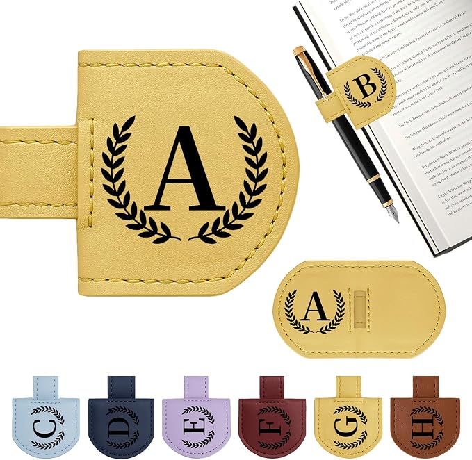 Personalized Magnetic Bookmark Pen Holder, Leather Book Marks for Reading Women& Men, Engraving 26 Letters Name Initial Bookmarks with Pencil Pen Holder, Gift for Book Lovers, Readers (Yellow, A)
