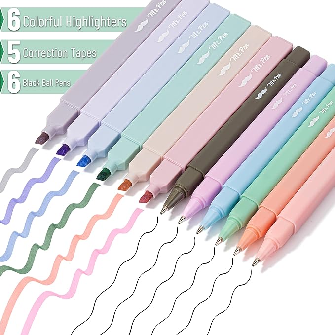 Mr. Pen- Aesthetic Highlighters and Ballpoint Pens No Bleed, 17 Pack, Aesthetic Correction Tapes, Bible Highlighters and Pens No Bleed, Fast Dry and No Smear for Bible Journaling, School Supplies