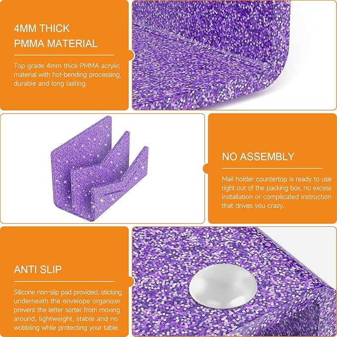 Beego Envelope and Mail Organizer Countertop - 2 Compartments Glitter Purple Acrylic Desk Organizer Letter Holder Desktop File Sorter Bill Document Folder Rack for Office, Home, School