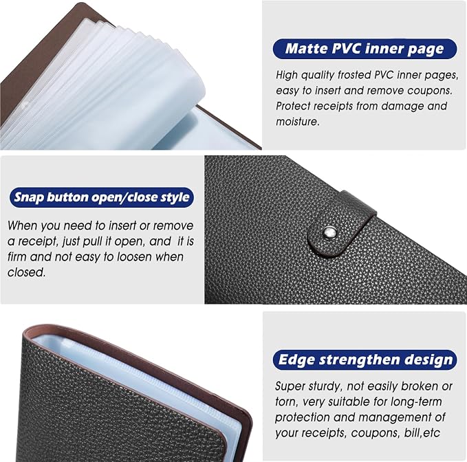 Leather Coupon & Receipt Organizer, Portable Receipt Holder with 40 Clear Pockets for Home, Shopping, Travel, Business Trip – Keep Receipts and Coupons Organized, Prevent Loss and Damage (Black)