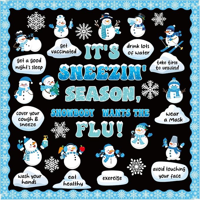 Winter Health Bulletin Board Set Snowman Flu Prevention Classroom Decor Sneezing Season Paper Cutouts for Door Wall Decor Christmas Winter Holiday Party Supplies