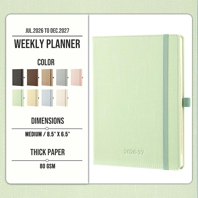 Planner 2026-2027 Weekly & Monthly Planner, 18 Month Academic Calendar July 2026 – Dec 2027, Horizontal Layout with Monthly Tabs, Textured Fabric Hardcover, Green