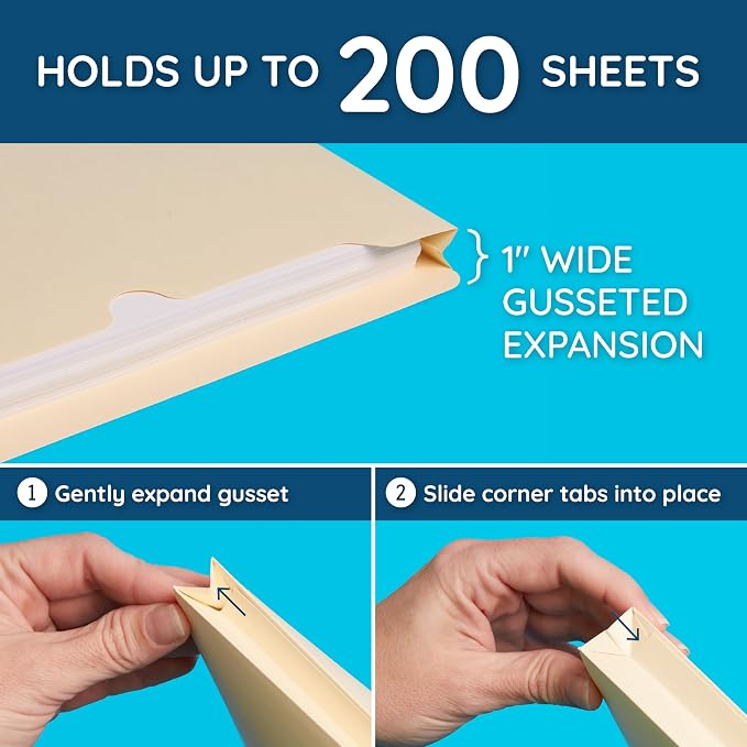 Blue Summit Supplies 1 Inch File Jacket Expansion, Pocket File Folders Letter Size Expanding 1 inch for Documents, Reinforced Straight Cut Tab, 1 in Expandable Folders, Letter Size, 50 Pack, Manila