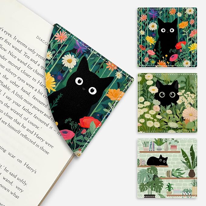 Icycay Cute Black Cat Floral Corner Bookmarks, Funny Leather Book Accessories for Book Lovers, 3 Pcs Reading Book Page Markers for Women Men Student Teacher Girls Boys Retirement Birthday Gifts