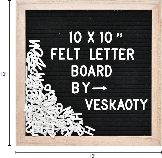 Felt Letter Board with 294 Letters, Numbers & Symbols - 10 x 10 inch Changeable Message Board with Wooden Frame Wall Mount Hook, Black & Wood
