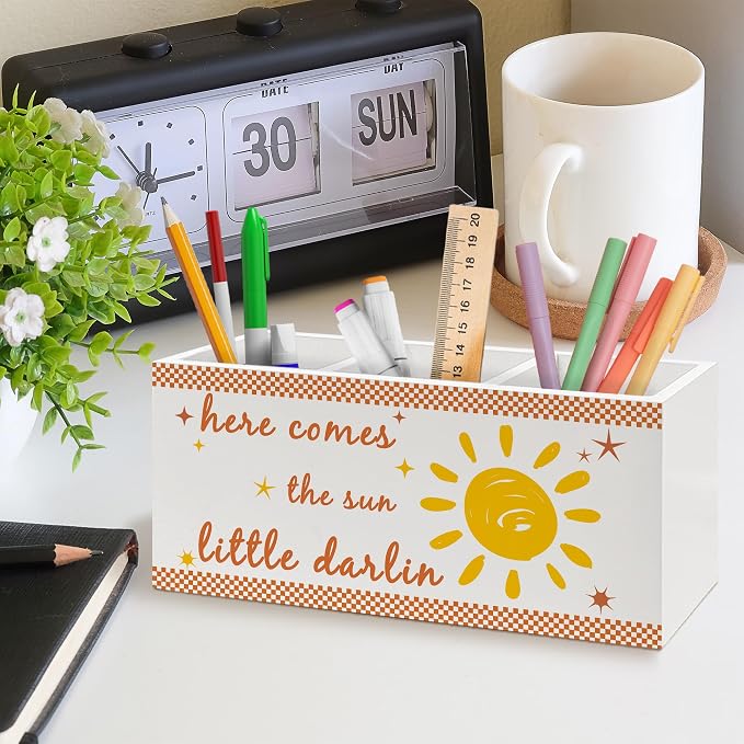 Boho Sunshine Classroom Pen Holder, Boho Office Pen Pencil Holder Organizer for Desk Accessories, Sunshine Nursery Wooden Box Desk Decor for Kids Nursery Room Classroom Desk Decorations