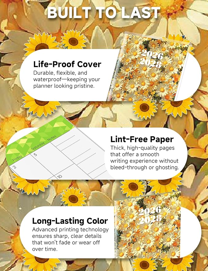 Pocket Calendar 2026-2028 Floral Series, Monthly Planner Jan 2026 to Jul 2028 (3.7" x 6.7") Perfect Purse Calendar, Pocket Agenda with Protective Plastic Sleeve-Daisy