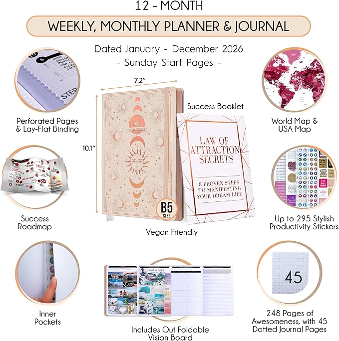 Deluxe 2026 Planner Weekly and Monthly | Law of Attraction Planner with Productivity App | 12-Month for Productivity, Gratitude & Goal Setting | Includes Foldable Vision Board, Gift Box & Stickers