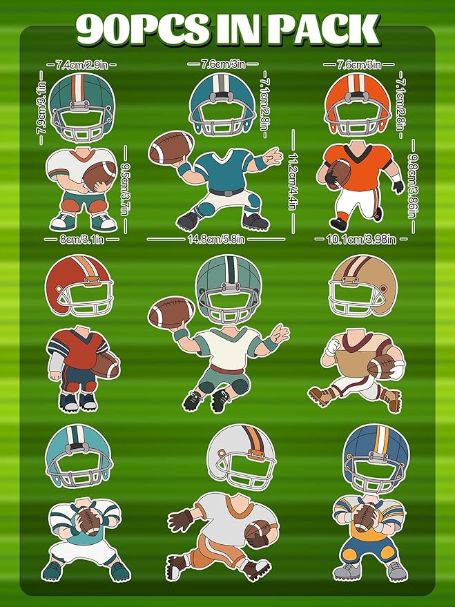 FYSUIMU 90 Pcs Football DIY Cutouts Sports Ball Cut-Outs Football Player Helmet Paper Cutting with 150 Pcs Glue Points for Crafts Birthday Party Classroom Bulletin Board Photo