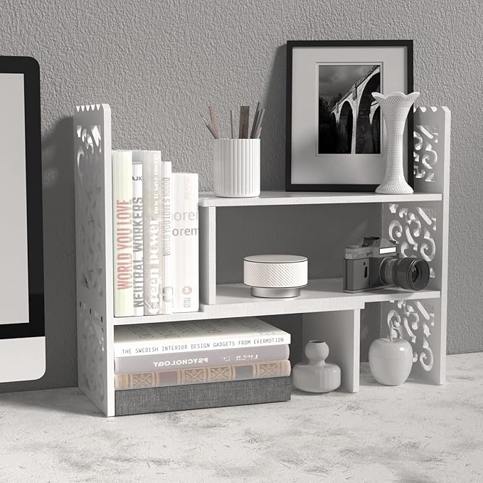 MASAKA B&W - Kawaii Storage Desktop Organizer for Your Desk Space, Double H Plants Display Shelf, Home Office Storage Rack Adjustable Stackable for Office, Dormitory (White*09)