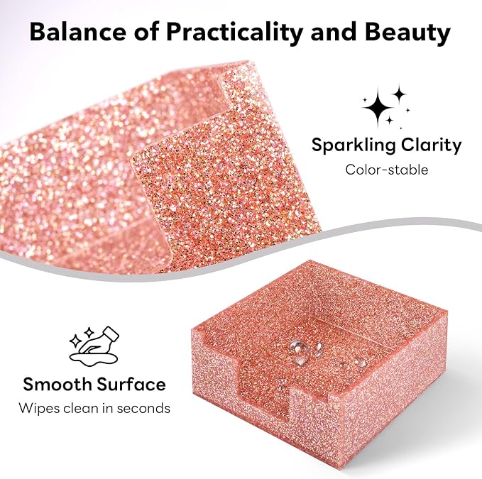 Light Pink Sparkling Sticky Note Holder, Glitter Acrylic Organizer, 3.94 x 3.94 in Multi-Use Tray for Office, School & Home Desk