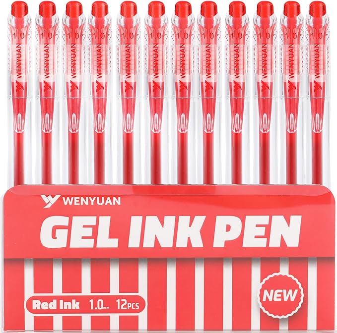 WY WENYUAN 12 Pcs Red Gel Pens, 1.0mm Bold Point Quick Drying Gel Ink Pens, Retractable Ballpoint Pens for Smooth Writing, Ideal for School, Office, Journaling, Note Taking and Correction