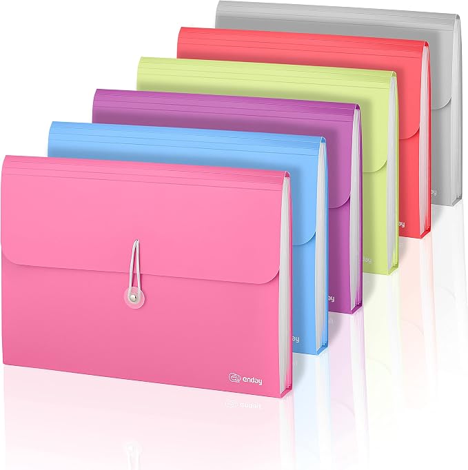 Accordion File Organizer, 13 Pocket Expanding File & Cover Folder with Labels, Plastic Portable Desktop Supplies Letter A4 Paper in Blue, Red, Green, Pink, Purple, Grey, Multicolor, (6 Pc) –By Enday