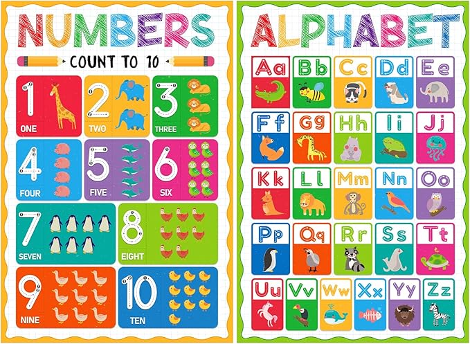 D4DREAM Preschool Poster for Toddlers Kids Laminated Alphabet Poster for Classroom Decorations Number 1-10 Posters 2Pcs Toddler Learning Posters for Pre-k Kindergarten Preschool Homeschool Daycare