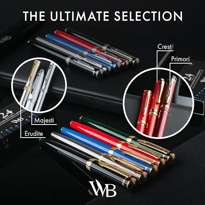 Wordsworth & Black Fountain Pen Set, 18K Gilded Medium Nib, Includes 24 Pack Ink Cartridges, A Refill Converter & Gift Pouch, Calligraphy, [All Black], Perfect for Men & Women