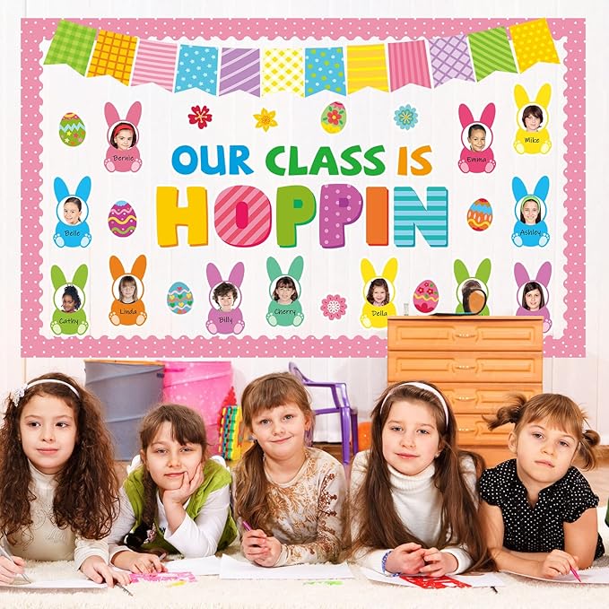 Qyeahkj 60Pcs Easter Bulletin Board Decoration Easter Egg Bunny Cutout DIY Picture Frame Crafts Our Class Is Hoppin Wall Bulletin Board Set for Easter Holiday Teacher School Office Chalkboard Supplies