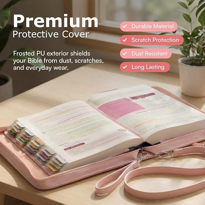 Bible Cover Case for Women - Bible Case with Shoulder Strap, Pink Bible Cover Standard Size Featuring Book Protector with Turn Lock Closure - Durable & Travel Friendly Design that Fits Most Bibles