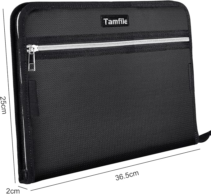 Fireproof Safe Accordion File Organizer Bag Folder,Waterproof Expanding Filing Folder with 14 Pockets, A4 Letter Size, Document Organizer Holder and Color Labels /2 Zipper (Black 14.3" x 9.8")