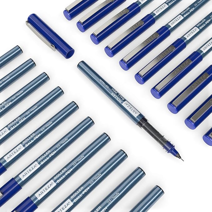 ARTEZA Rollerball Pens Fine Point, Set of 20 Blue Liquid Ink, Extra Fine 0.5 mm Needle Tip Pen, Make Precise Lines, Office Supplies for Writing, Notetaking, and Drawing