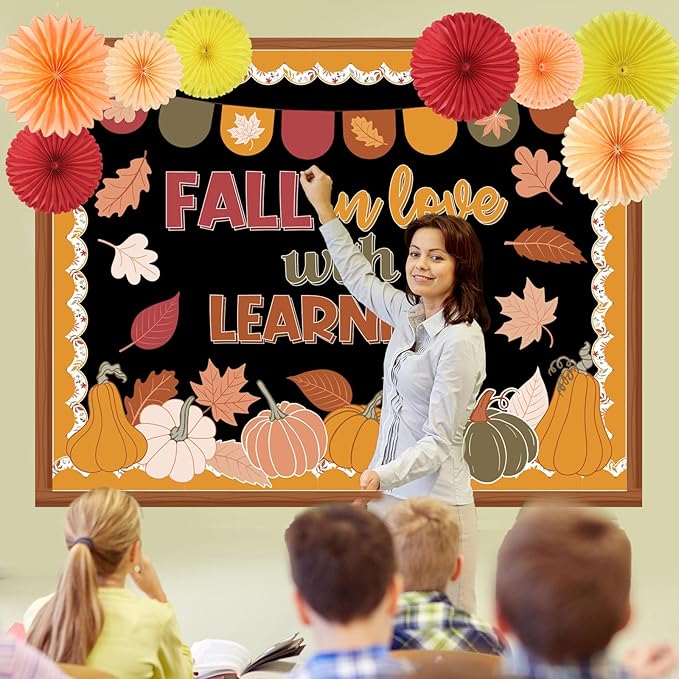 Containlol 66 Pcs Fall Thanksgiving Bulletin Board Decorations Thanksgiving Fall in Love with Learning Classroom Bulletin Board with 3D Paper Fans Boho Pumpkin Maple Leaves Cutouts for Classroom Decor