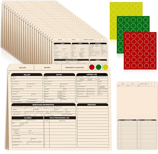 25 Pcs Real Estate Listing Folder Pre-Printed List for Real Estate Agent Supplies Durable Letter Size 210 GSM Manila Card Stock with Closing Checklist Color-Coded Dots for Documents Organizing