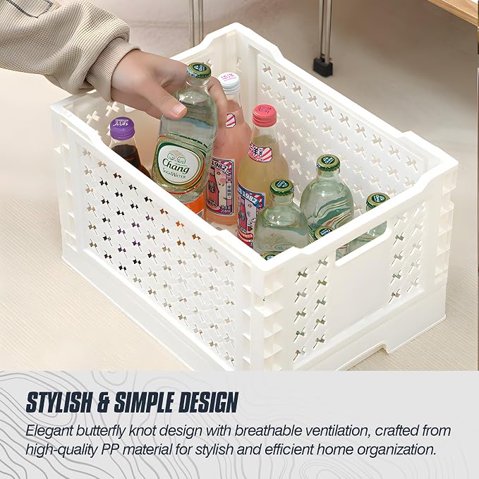 Domiella 2-Pack Foldable High-Strength PP Ventilated Baskets - 12L Collapsible Storage Bins for Kitchen, Camping, Office & Home, Wear Resist Indoor Outdoor Organizer, Medium White