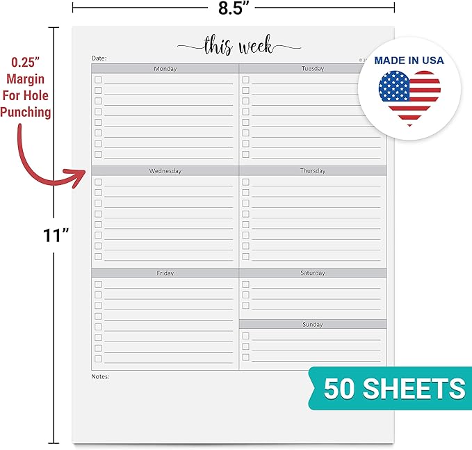 321Done 8.5x11 Weekly Checklist Notepad, Made in USA, Letter Size Tear-Off Undated Planning Pad, Work and Personal Organizer To Do List Pad, Desk Planner, Productivity Tracker - 50 Sheets