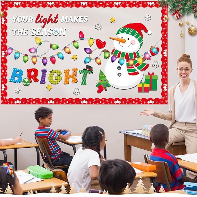 Funrous Christmas Bulletin Board Decoration Set Xmas Tree Classroom Decor Snowman Santa Claus Gnome Snowflake Cutout Winter Border Trim for Xmas Holiday Office Wall Door Supplies (Light Bulb)
