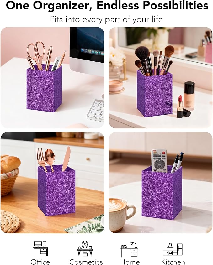 Purple Glitter Acrylic Pen Holder, Acrylic Makeup Brush Storage Organizer, Pencil Pen Holder for Desk, Modern Desktop Accessories for Office School Home Supplies